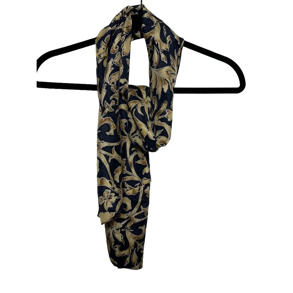 VTG 100% Silk Floral‎ Print Scarf Navy Beige Gold EUC